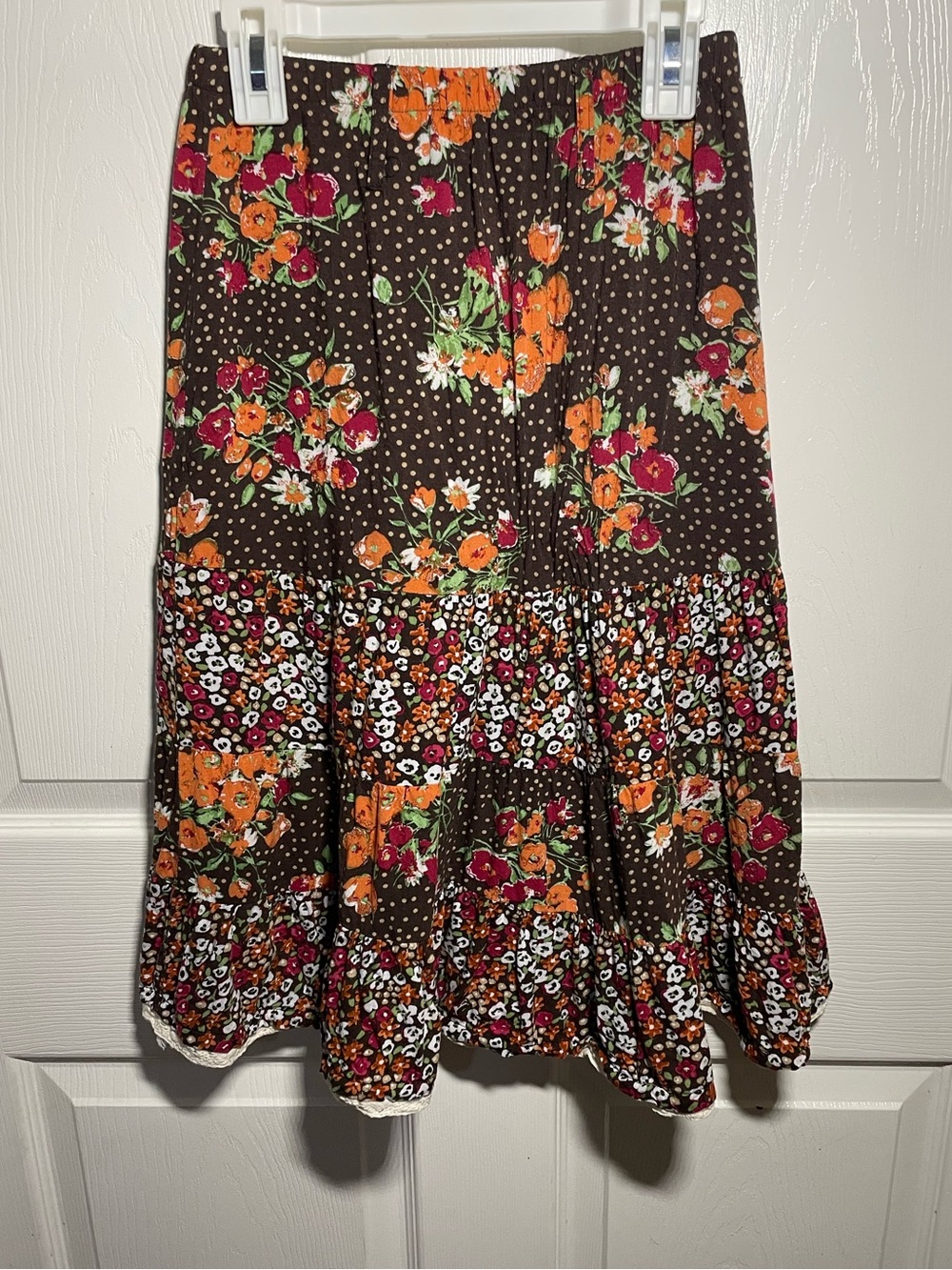 My Michelle Brown Polka Dot Midi Skirt with a Fall Colored Floral Print